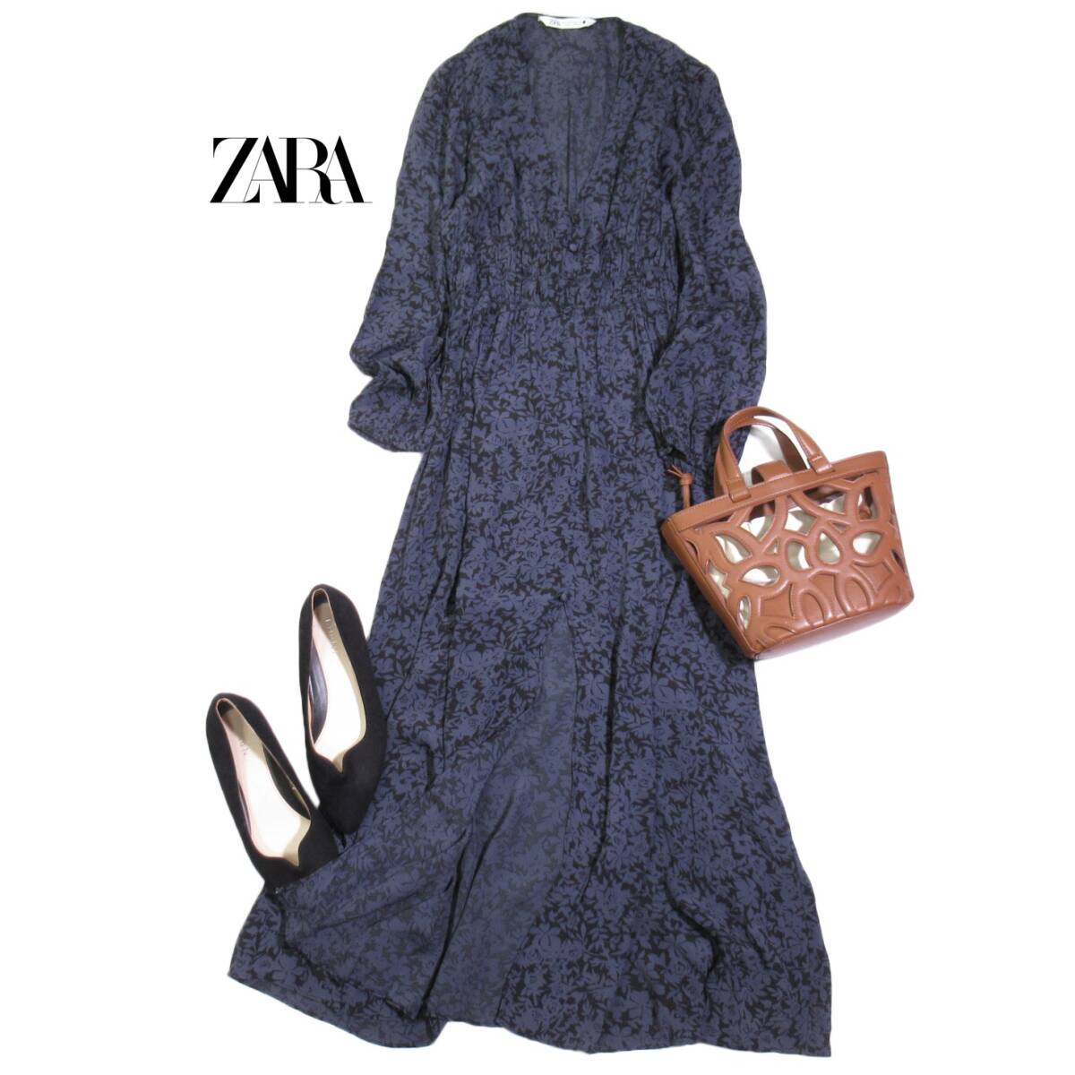 ザラ ZARA 大人素敵スタイル☆ 総柄 Vネック ウエストギャザー フロントスリット ロング ワンピース XS拍卖