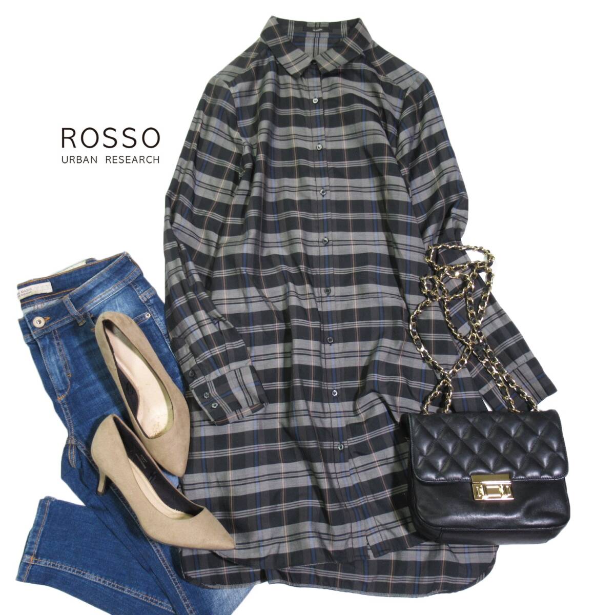 アーバンリサーチ ロッソ Rosso URBAN RESEARCH 大人カジュアル☆シルクコン チェック 長め丈 シャツ チュニック ワンピース拍卖
