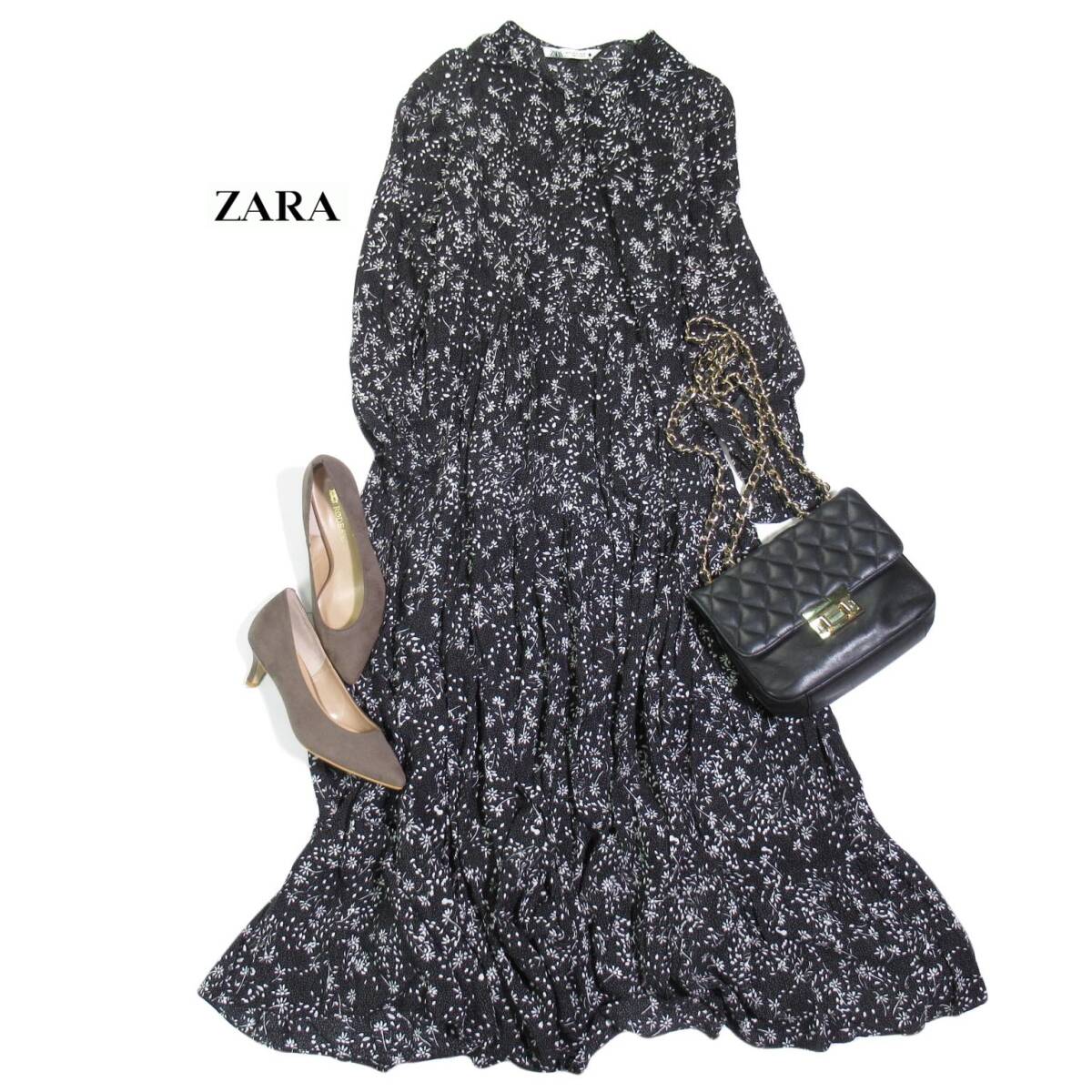 ザラ ZARA 大人可愛い☆モノトーン 小花柄 ロング ワンピース S拍卖