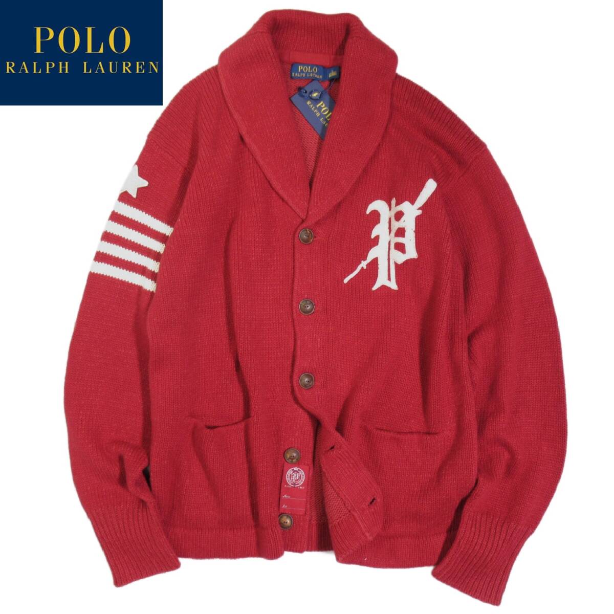 未使用 ポロ ラルフローレン POLO RALPH LAUREN レザー エルボーパッチ Pロゴ 星条旗デザイン ショールカラー カーディガン L拍卖