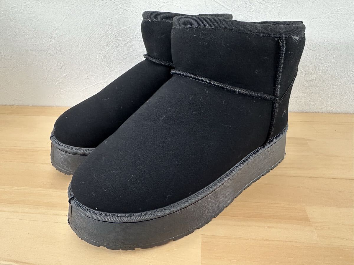 ★送料無料 厚底ムートンブーツ 37 黒ショート丈 23.5㎝拍卖