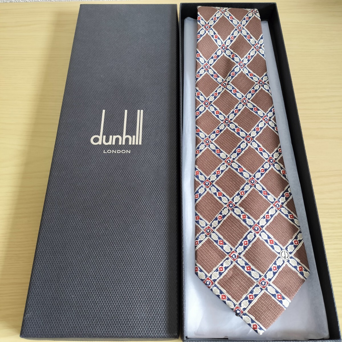ダンヒル(Dunhill)茶色赤青柄格子柄模様ネクタイ拍卖
