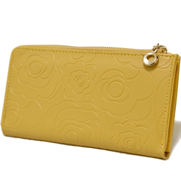 新品 カメリア 型押し 長財布 ファスナー レザー L字 レディース 花柄 未使用 イエロー 黄色 ロングウォレット拍卖