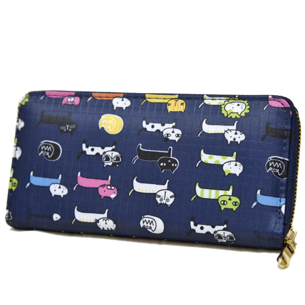 新品 猫 長財布 ラウンドファスナー ナイロン ネイビー かわいい 動物柄 アニマル 未使用 レディース 紺 ネコ拍卖