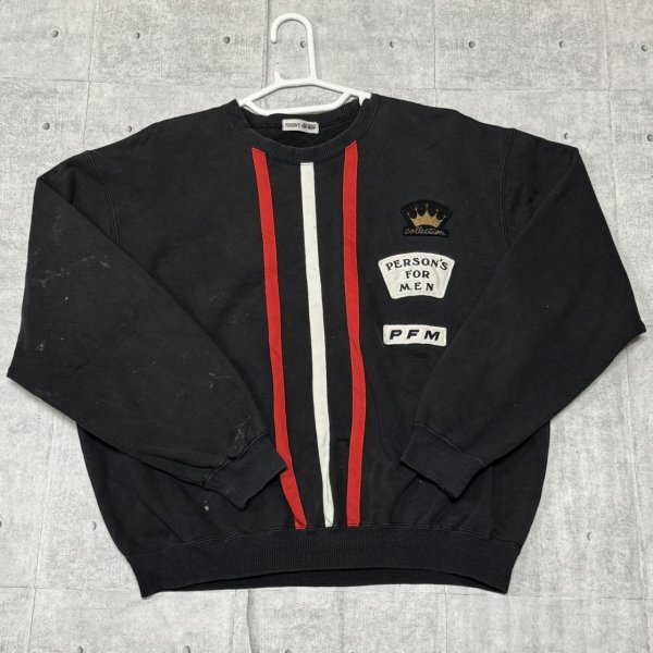 PERSON'S FOR MEN スウェットトレーナー パーソンズフォーメン  ロゴワッペン PFM 3本ライン ブラック フェード パイル裏地 黒 早6133拍卖