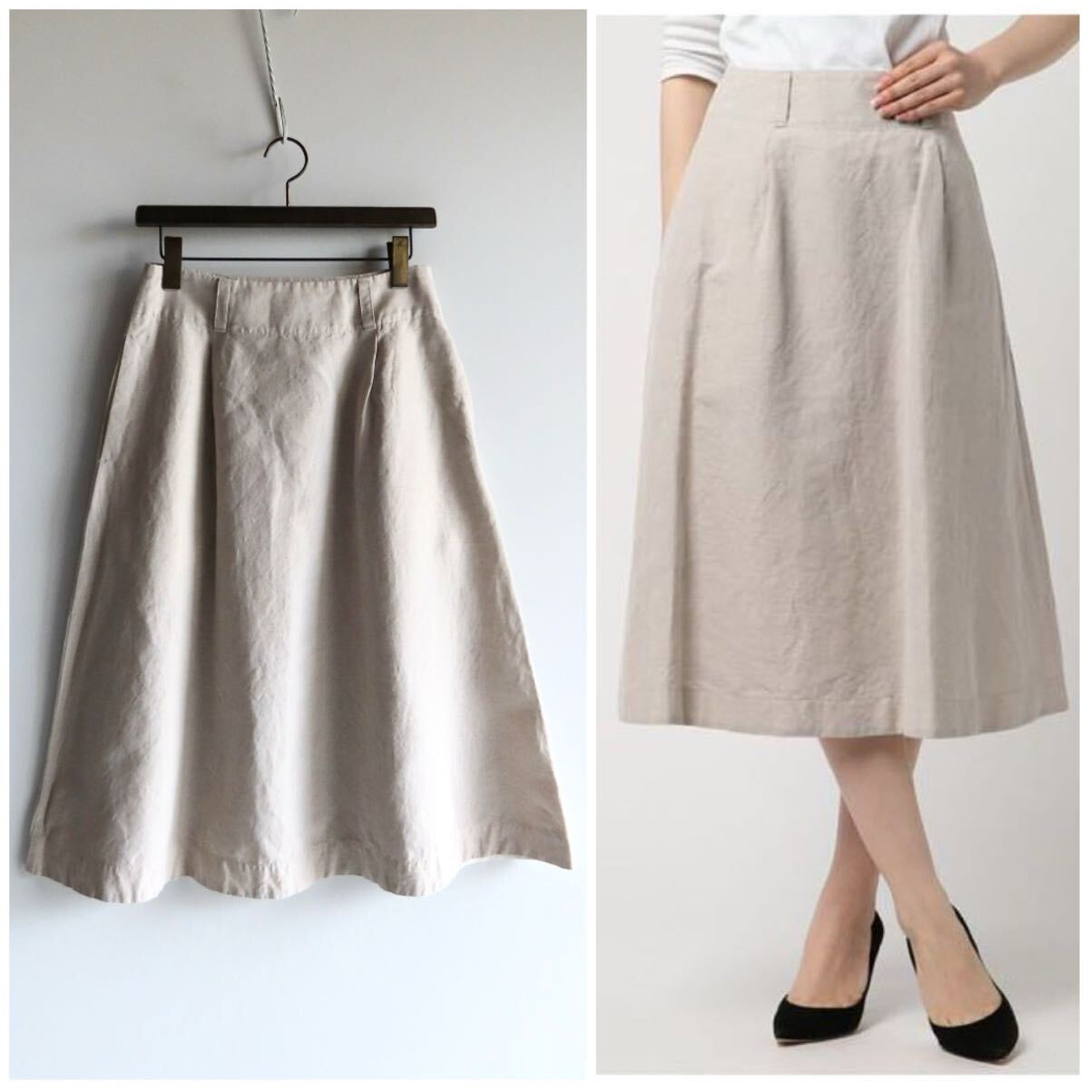 美品 MARGARET HOWELL COTTON LINEN マーガレットハウエル コットンリネンサイドジップスカート 2 M グレージュ系 ミディ丈 MHL.拍卖