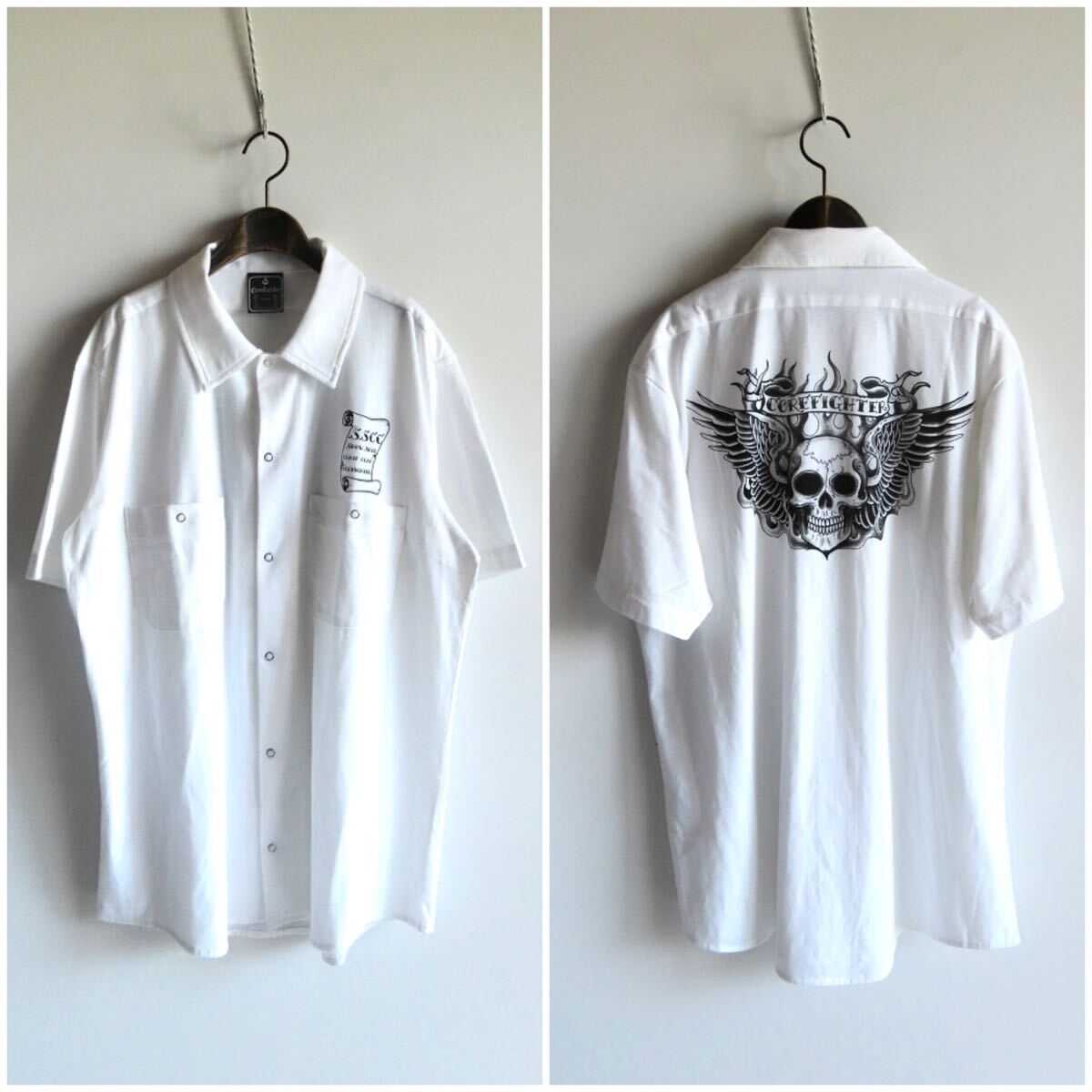 デッドストック COREFIGHTER コアファイター コットンポリ天竺 タトゥープリントシャツ XL ホワイト系 スナップボタン 半袖 現BELAFONTE拍卖