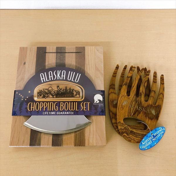 847*ALASKA ULU CHOPPING BOWL SET チョッピングボウルセット/Aurora Wood Salad Servers サラダサーバー 2点まとめて【未使用品】拍卖