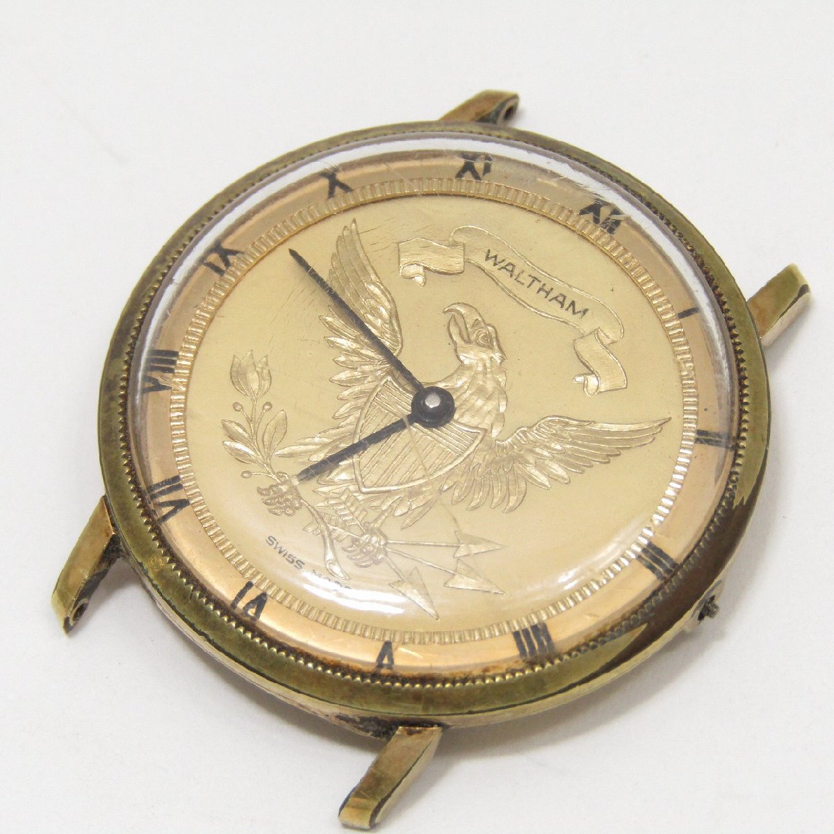 1円スタート 不動 WALTHAM ウォルサム コイン ウォッチ イーグル メンズ腕時計 本体のみ 手巻き ゴールド文字盤 GP リューズ欠損拍卖