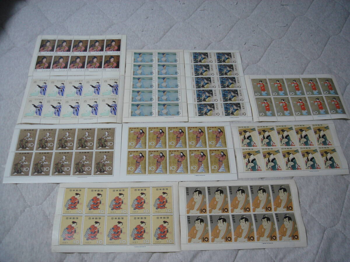 未使用記念切手趣味週間シリーズ10シート枚セット1956年写楽市川海老蔵~1970年まで まりつき 雨中湯帰り昭和レトロ骨董品ヴィンテージ希少拍卖