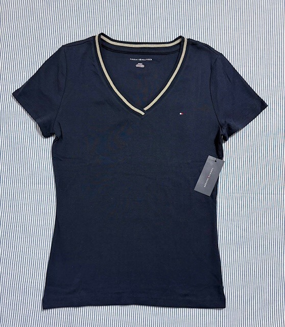 TOMMY HILFIGER トミーヒルフィガーTシャツ Mサイズ 紺色 ネイビー レディース Vネック 新品未使用 正規品拍卖