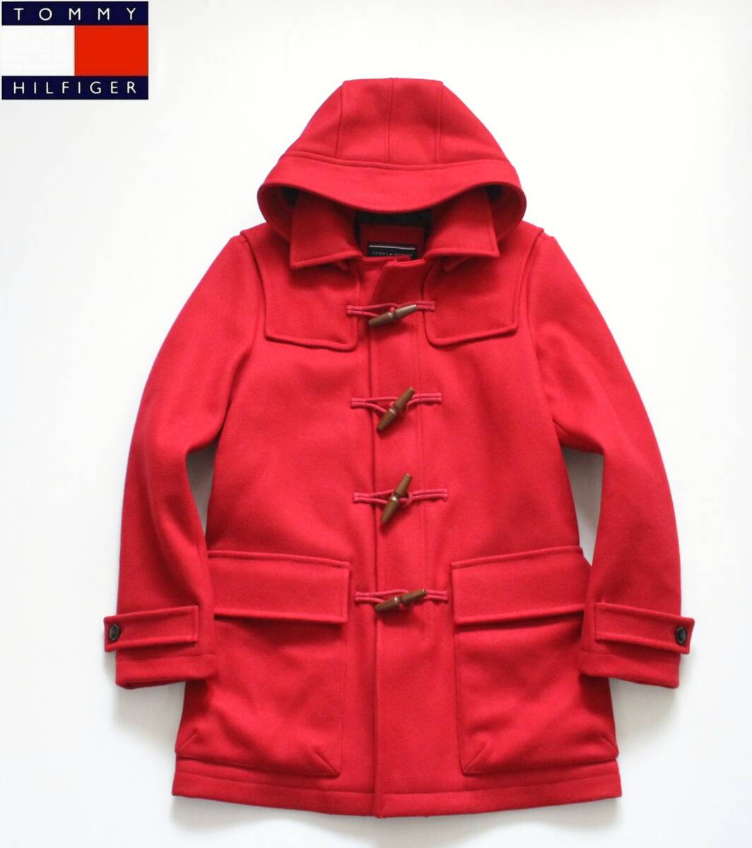 トルコ製【 TOMMY HILFIGER トミー ヒルフィガー 】メルトンウール 中綿キルティング ダッフルコート S レッド 木製トグルボタン フード拍卖