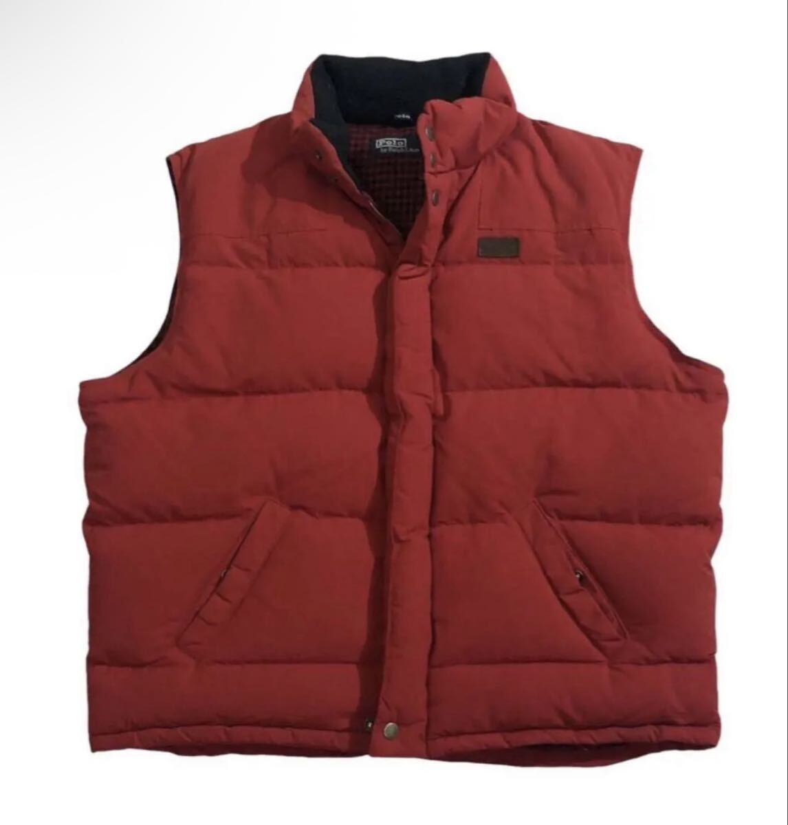 ▲ Polo Ralph Lauren ポロ ラルフローレン ▲ ロゴレザーラベル 裏地チェック柄 ナイロン ダウン ベスト レッド系 L拍卖