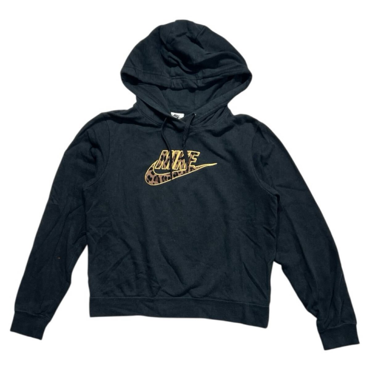 ■ NIKE ナイキ ■ レオパード スウッシュ ロゴ 刺繍 レーヨン混 スウェット パーカ ブラック S拍卖