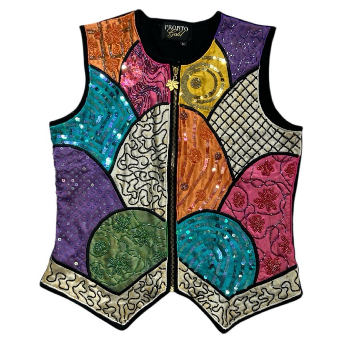 80s~90s ヴィンテージ ■ PRONTO Gold ■ スパンコール ビジュー デザイン 背面 ニット パッチワーク ベスト M拍卖