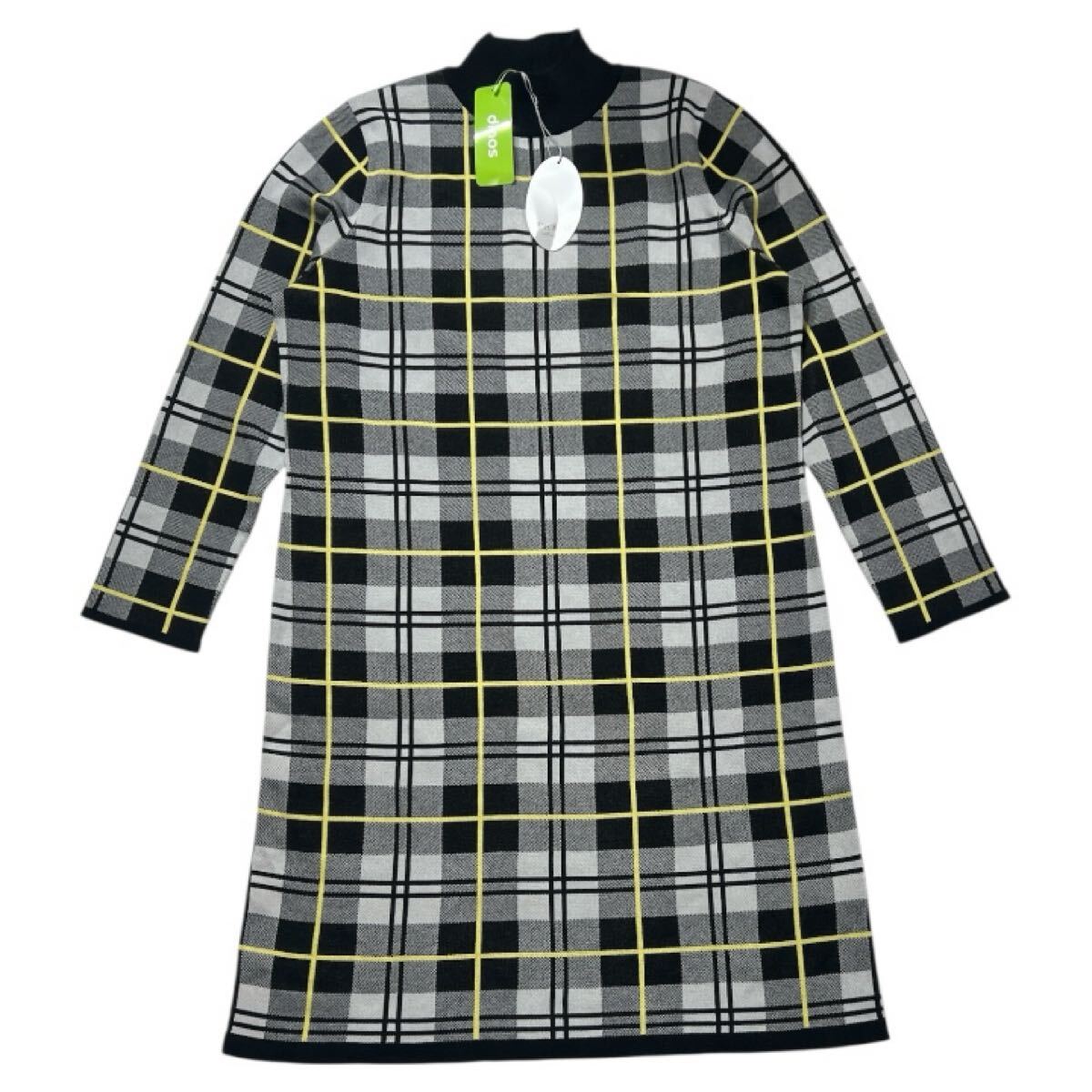 未着用 タグ付 ■ DAMA ダーマ ■ チェック柄 長袖 コットン ポリエステル ミックス ニット ワンピース ブラック×イエロー×ホワイト 3L拍卖