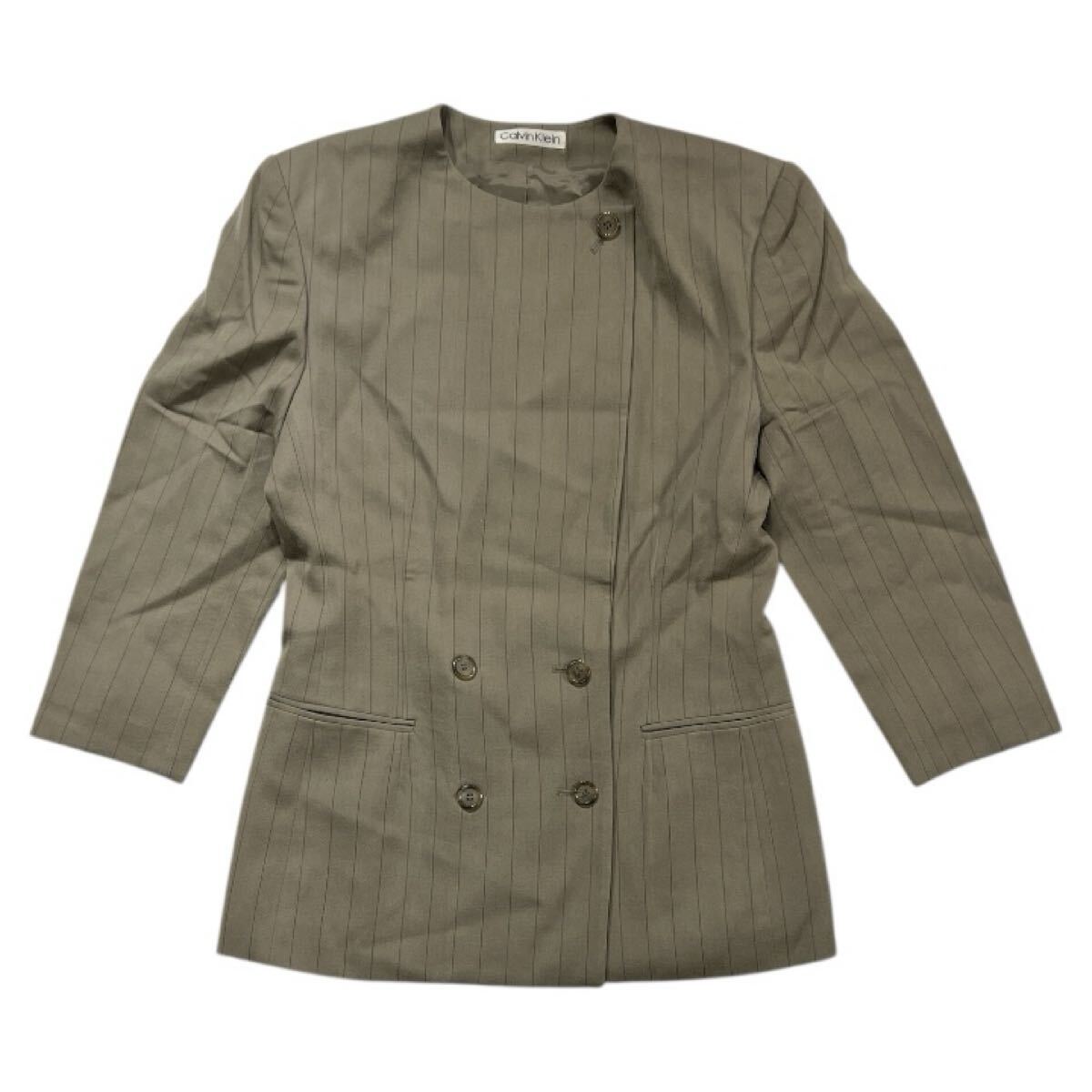 ■ Calvin Klein カルバンクライン ■ ピンストライプ柄 肩パッド入 ウール ブレザー ジャケット グレージュ 7拍卖