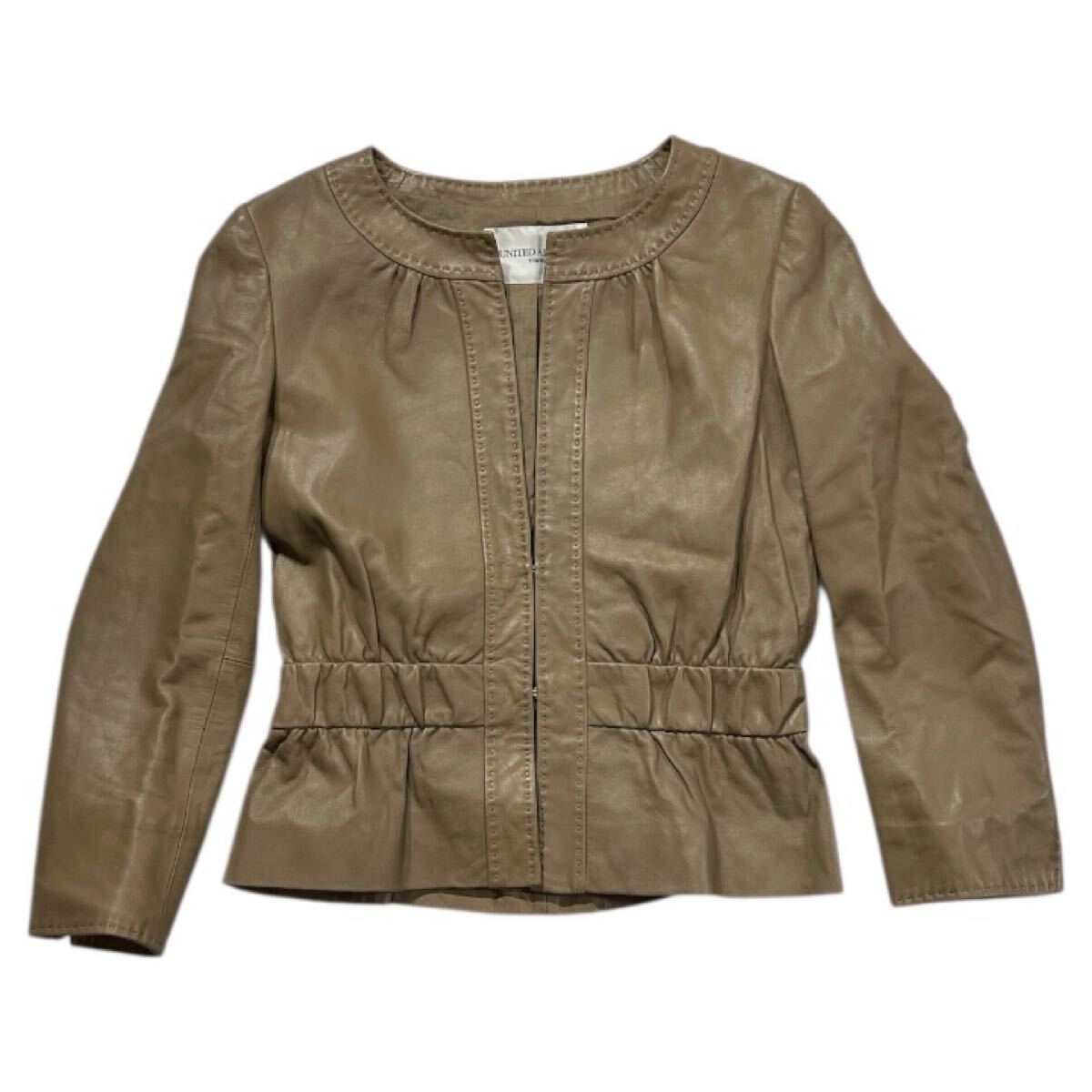 ■ UNITED ARROWS ユナイテッドアローズ ■ 上質 本革 羊革 シープスキン ノーカラー フロントホック レザー ジャケット ブラウン系 36拍卖