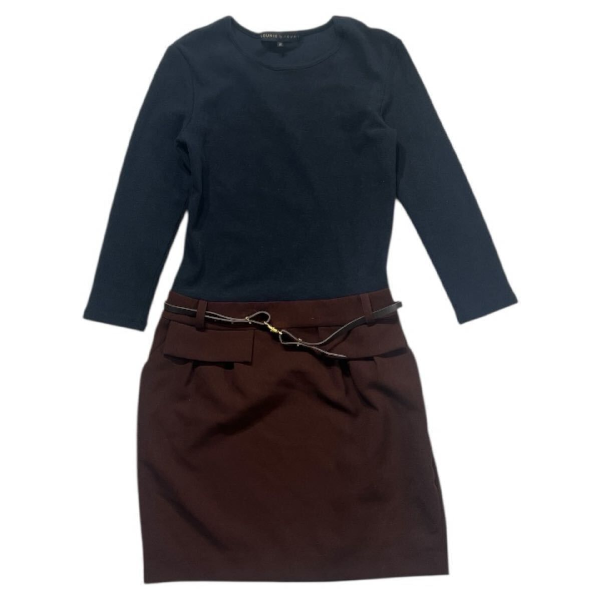 ■ LOUNIE ルーニィ ■ 腰ベルト付 スカート切替 長袖 レーヨン混 ワンピース ネイビー×ブラウン 38拍卖