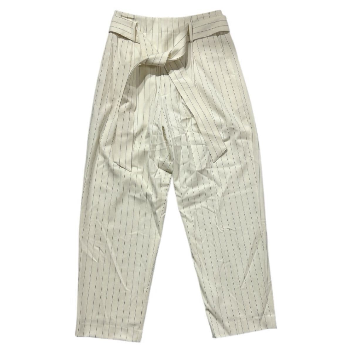 ■ ROPE' ロペ ■ ピンストライプ柄 腰ベルト付 ウール レーヨン混 ストレッチ ワイド テーパードパンツ オフホワイト 36拍卖