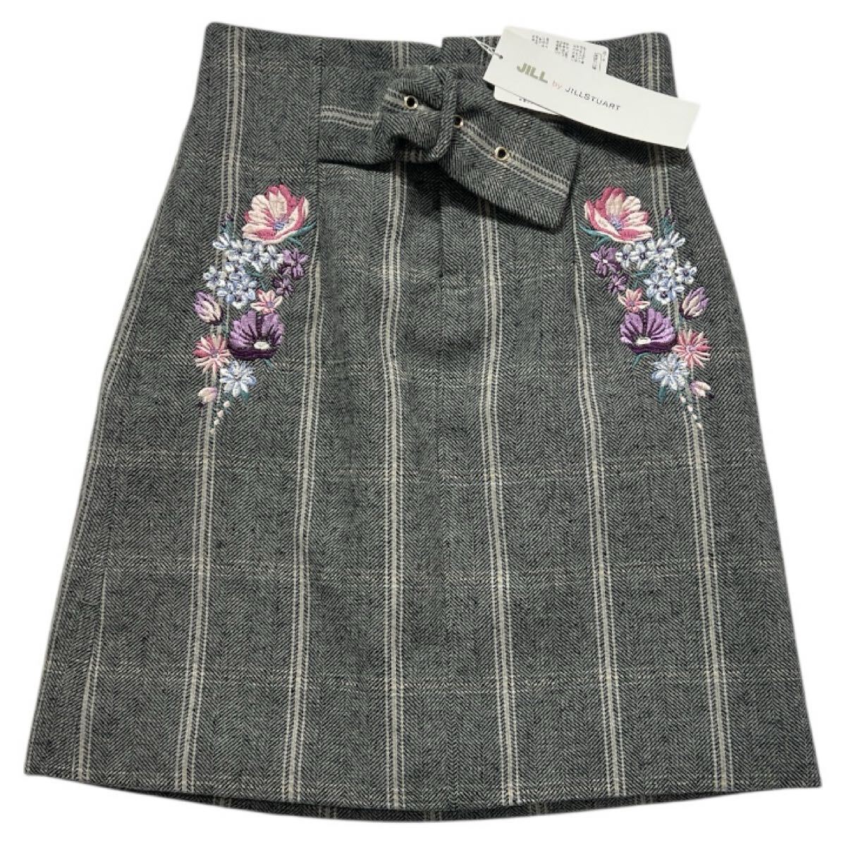 未着用 タグ付 定価 1.2万 ■ JILLSTUART ジルスチュアート ■ フラワー 刺繍 チェック柄 腰ベルト付 ウール レーヨン混 ミニスカート S拍卖