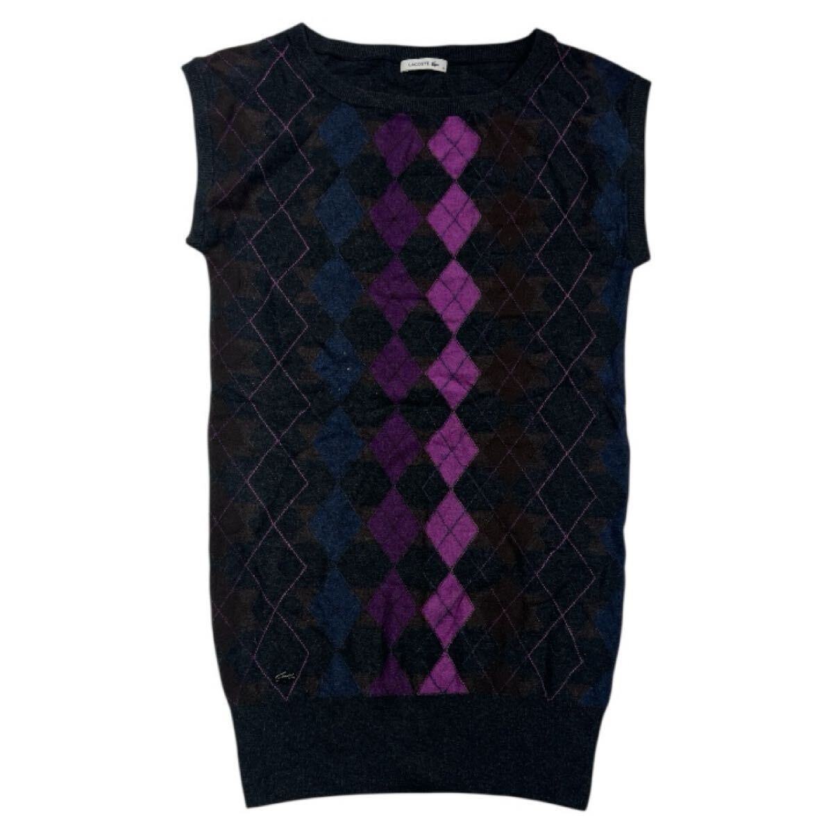 ■ LACOSTE ラコステ ■ ワニ ロゴ 金具 アーガイル柄 レーヨン混 ウール ロング ニット ベスト グレー×パープル×ネイビー×カーキ 38拍卖