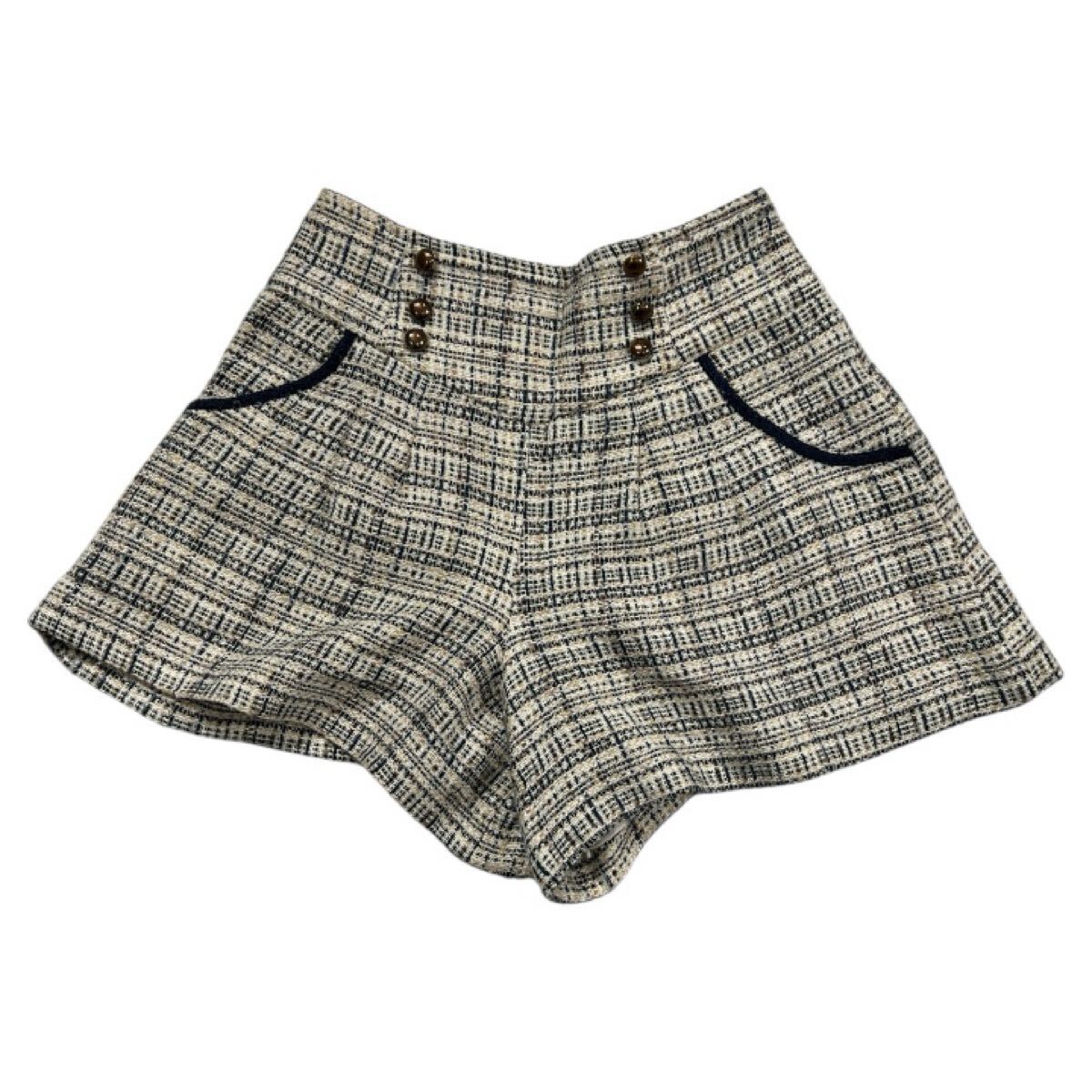 ■ Apuweiser-riche アプワイザーリッシェ ■ ツイード ショートパンツ ベージュ×ネイビー×ブラウン 1拍卖
