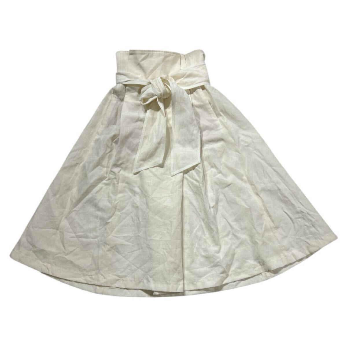 ■ DESIGNWORKS デザインワークス アバハウス ■ 腰リボン デザイン リネン混 フレアスカート 生成 36拍卖