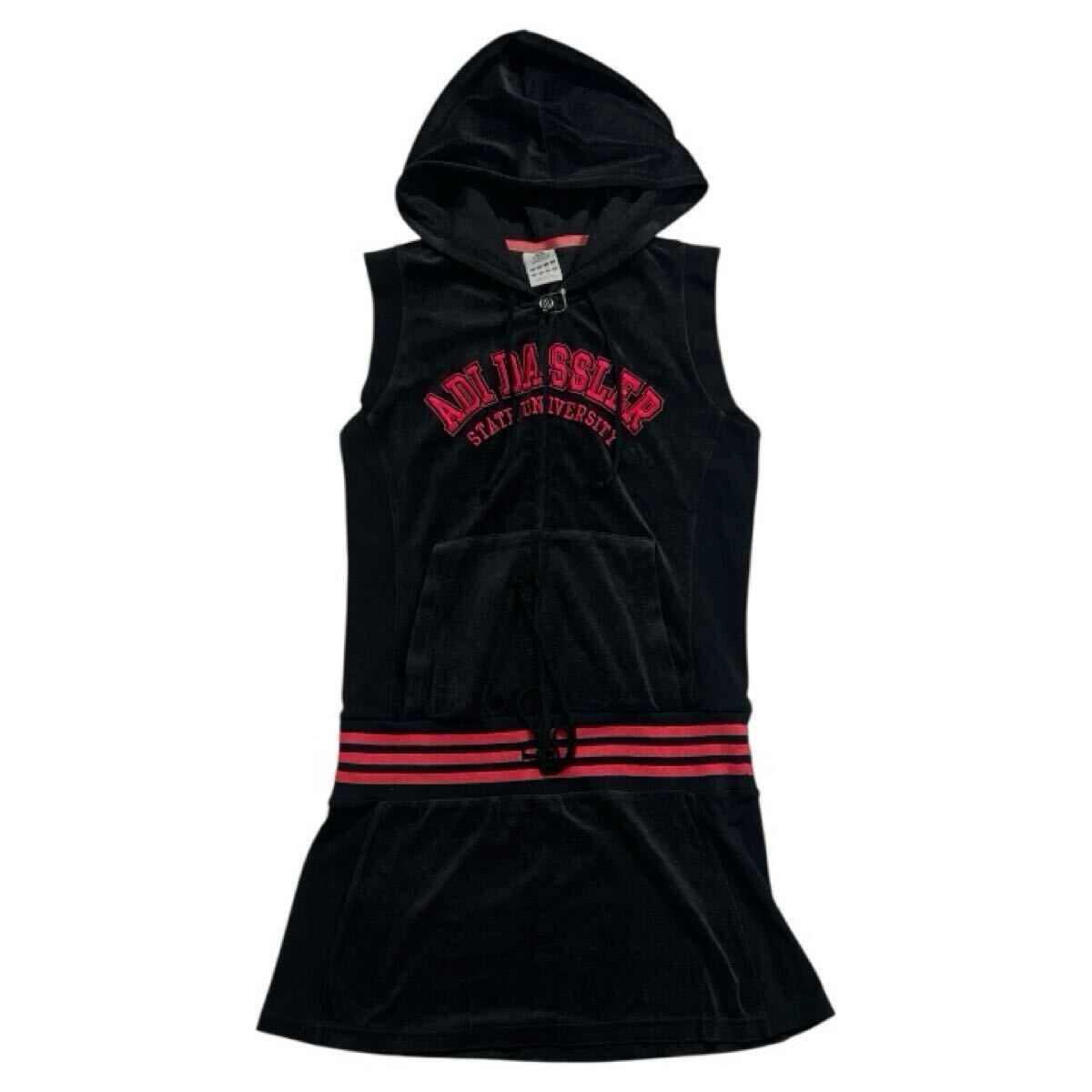 ■ adidas アディダス ■ ロゴ 刺繍 フリース地 ノースリーブ ワンピース ジャンパースカート ブラック M拍卖