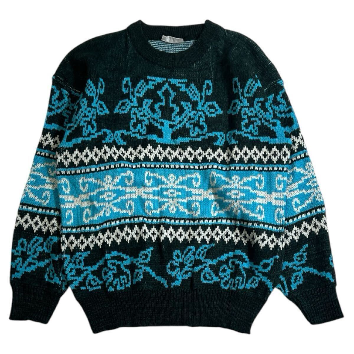 ■ Rock Canpon ■ ネイティブ 編柄 ウール混 ニット セーター ブルー系 FREE拍卖