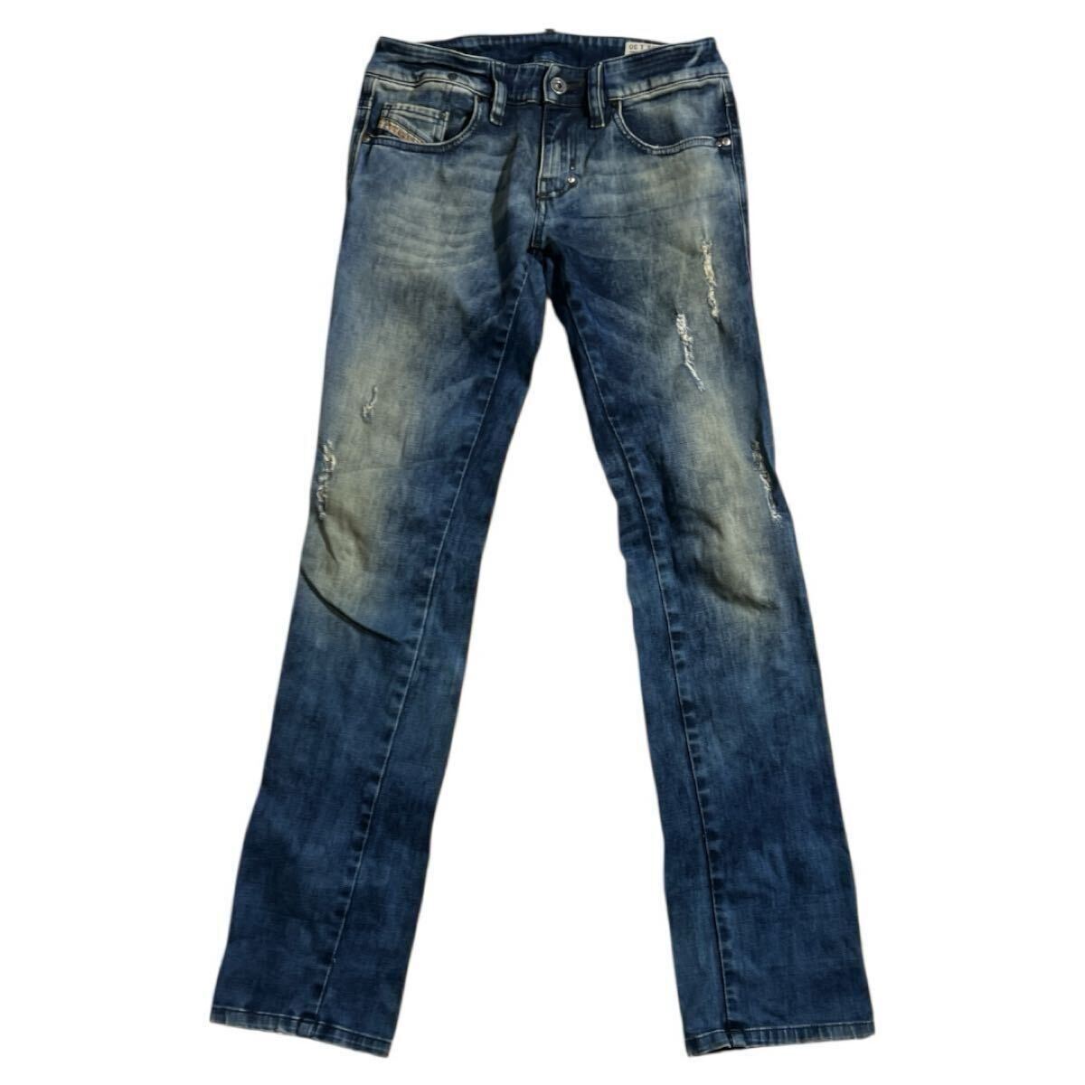 ■ DIESEL ディーゼル ■ LHELA ロゴ 金具 ユーズド 色落ち ダメージ加工 ストレッチ デニム インディゴブルー W25/L30拍卖