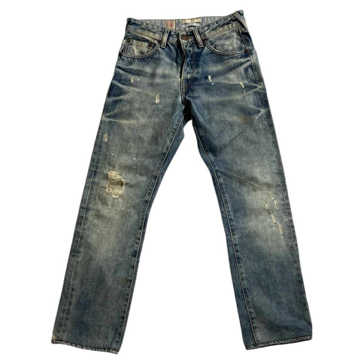 ■ PEPE JEANS LONDON ぺぺジーンズ ■ HERITAGE ロゴ レザー パッチ ユーズド 色落ち ダメージ加工 インディゴデニム W28/L32拍卖