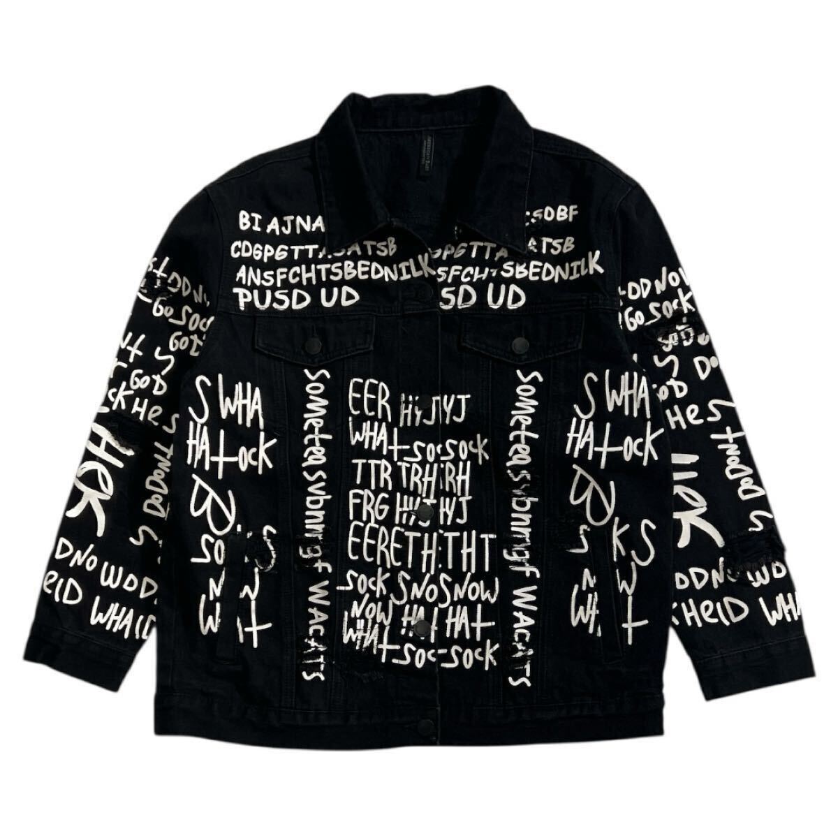 ■ AMERICAN BAZI アメリカンバジ ■ メッセージ プリント ユーズド ダメージ クラッシュ加工 オーバーサイズ デニム ジャケット S拍卖