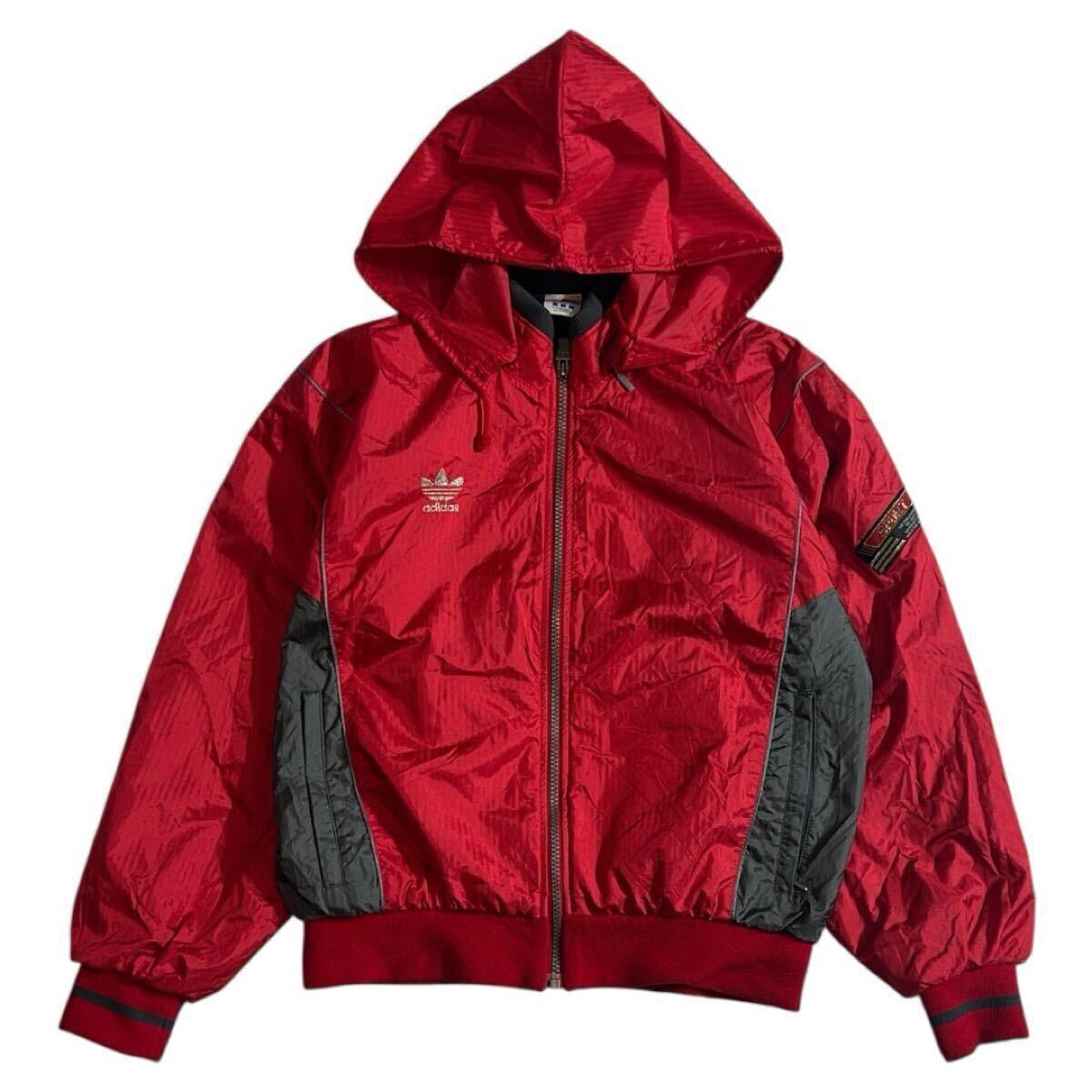 90s ヴィンテージ ■ adidas アディダス ■ トレフォイル ロゴ 刺繍 着脱 フード付 シャカシャカ ナイロン ジャージ ジャケット レッド S拍卖