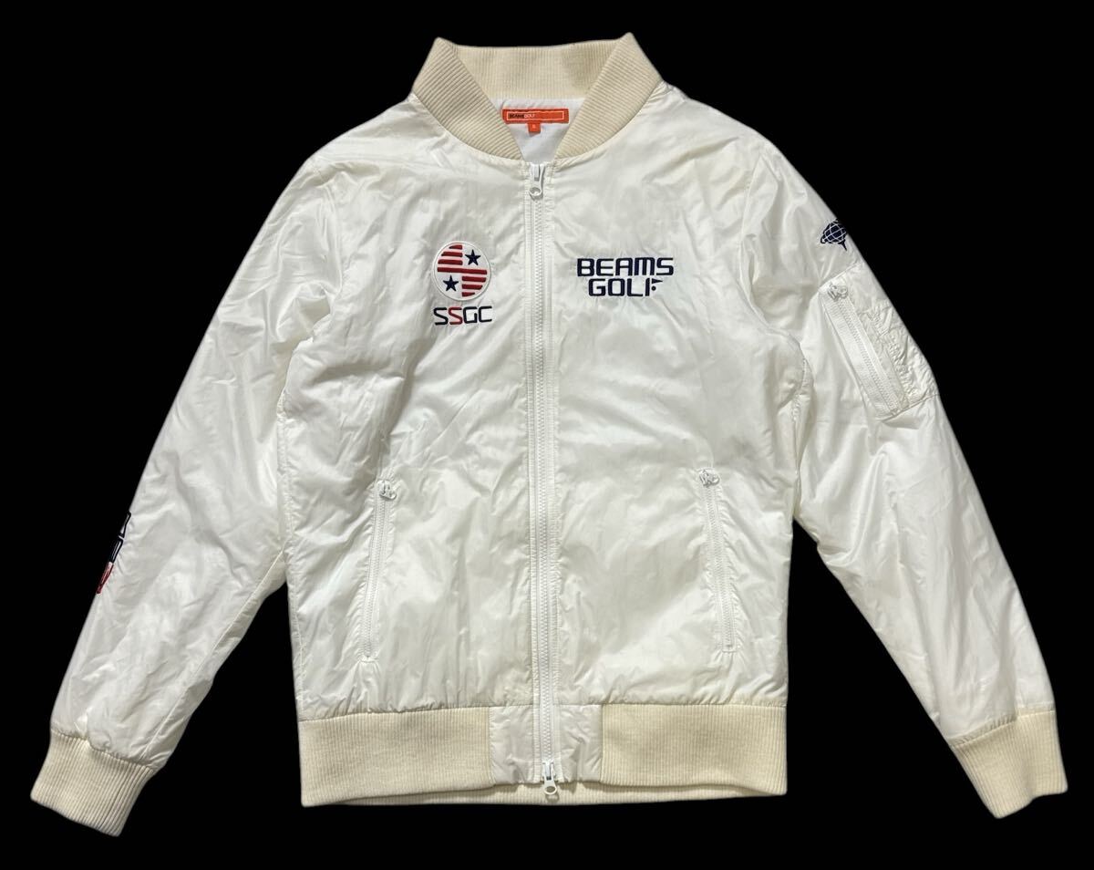 ▲ BEAMS GOLF ビームスゴルフ ▲ ロゴ刺繍 ワッペン 中綿プリマロフト ナイロン ボンバージャケット ウインドゴルフジャケット ホワイト S拍卖