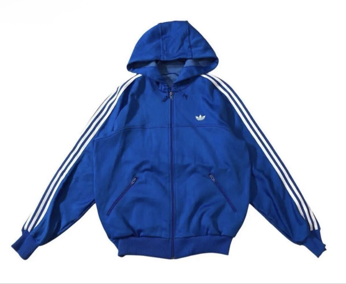 70s〜80s ヴィンテージ デサント製 ▲ adidas アディダス ▲ トレフォイルワッペン スリーライン フーディー トラックジャケット ジャージ拍卖