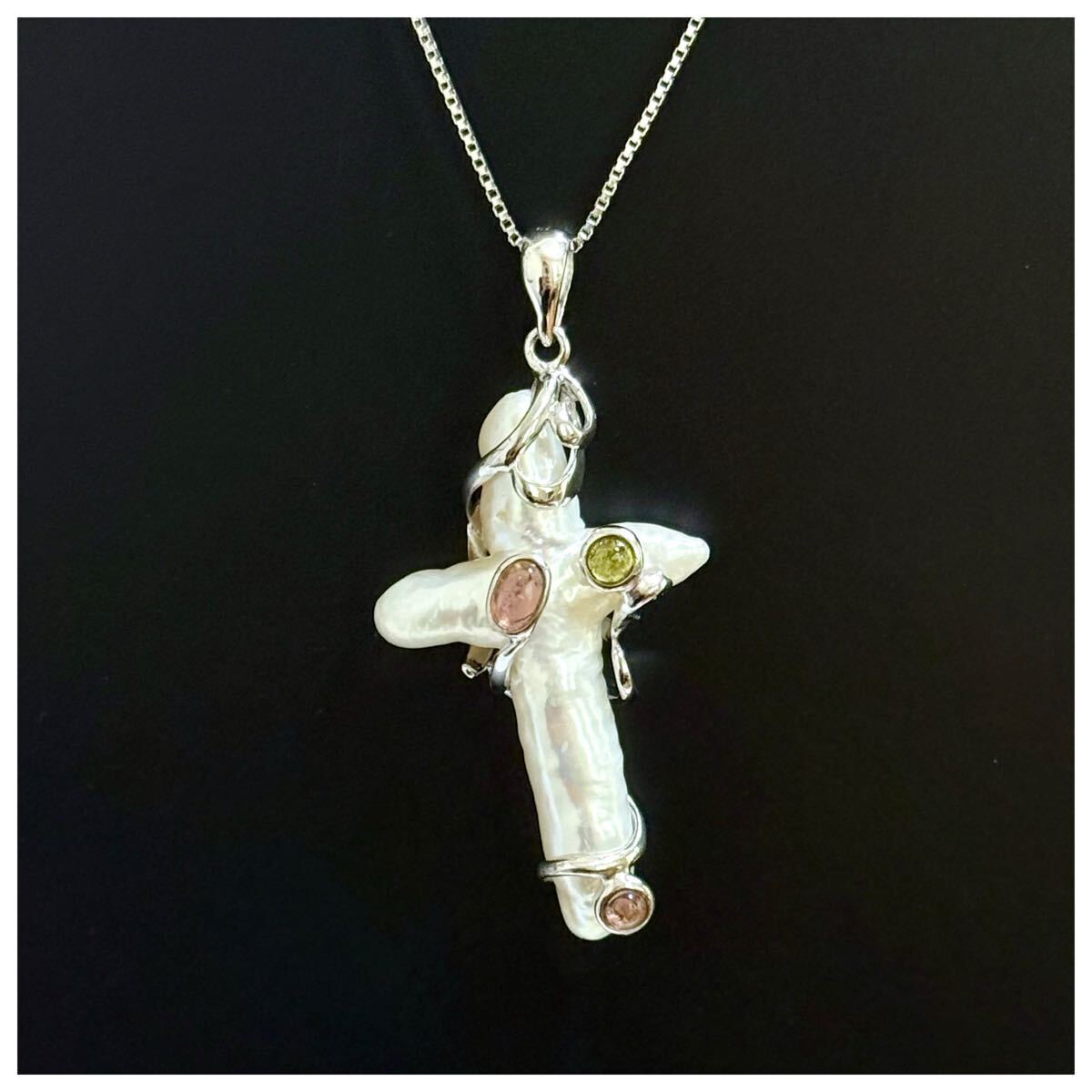 シルバー925 sterling スターリング 淡水パール バロックパール クロス 十字架 ネックレス拍卖