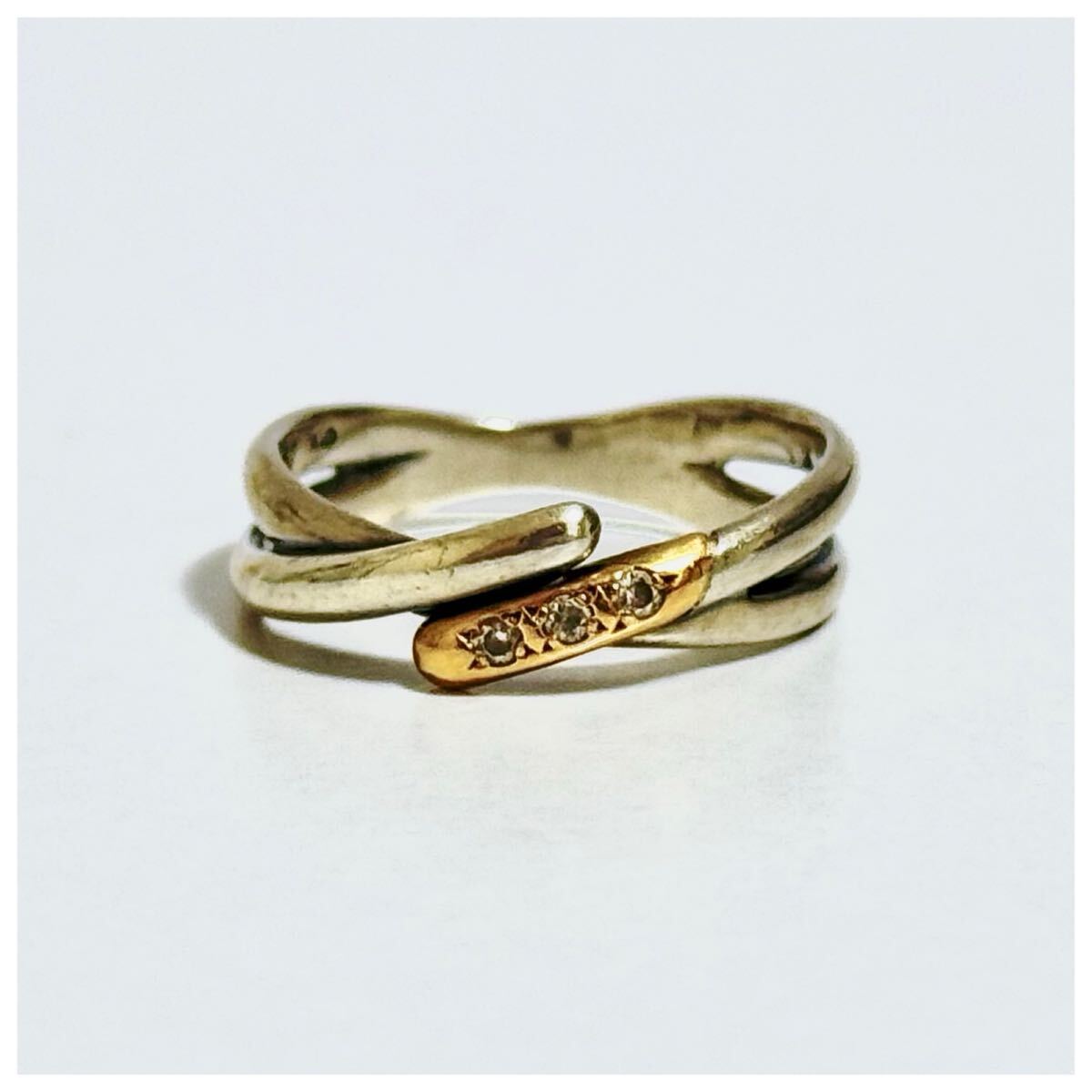 K10 シルバー925 sterling スターリング コンビ デザイン 石入り リング 指輪拍卖