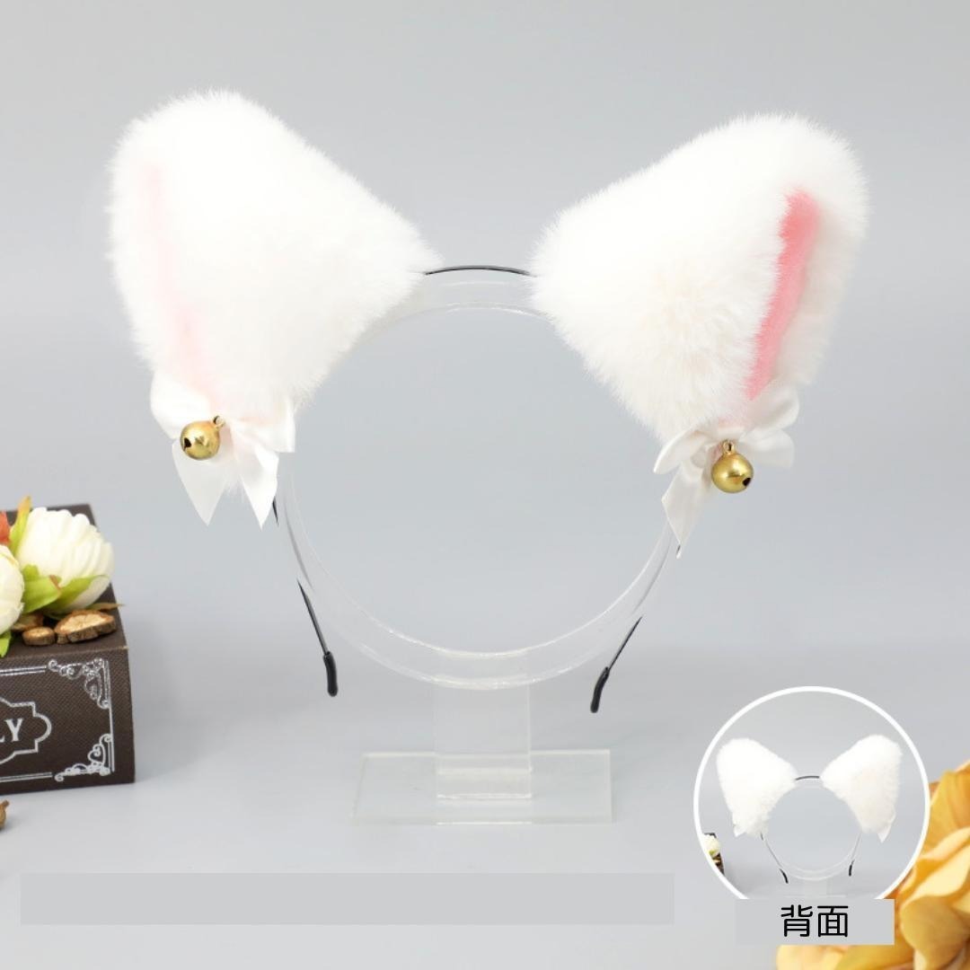 うさ耳 カチューシャ 白ピンク 鈴付き リボン フェイクファー ハロウィン コスプレ拍卖