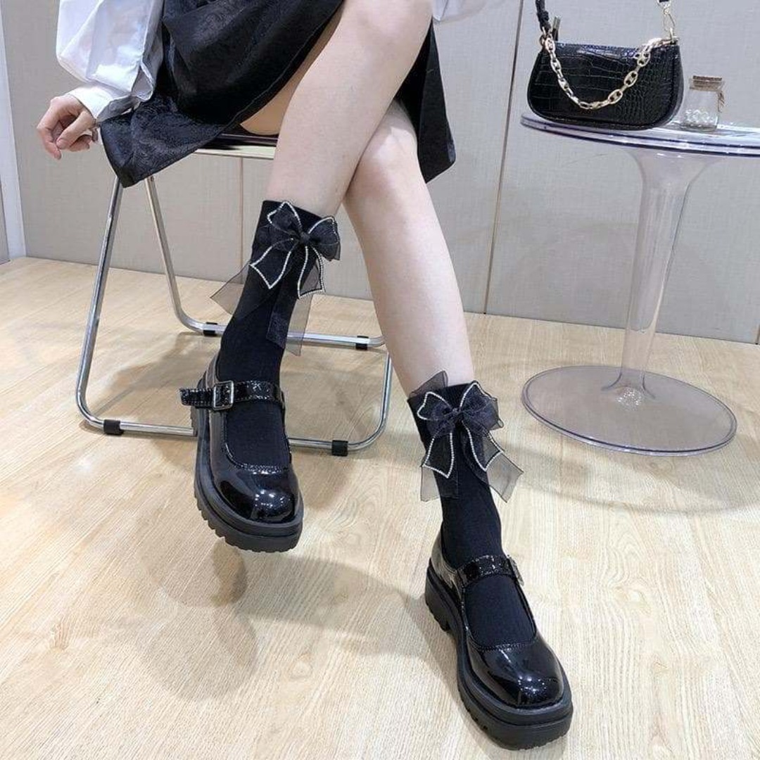 黒 リボンソックス ショート丈 韓国 ラインストーン 可愛い ガーリー コスプレ拍卖