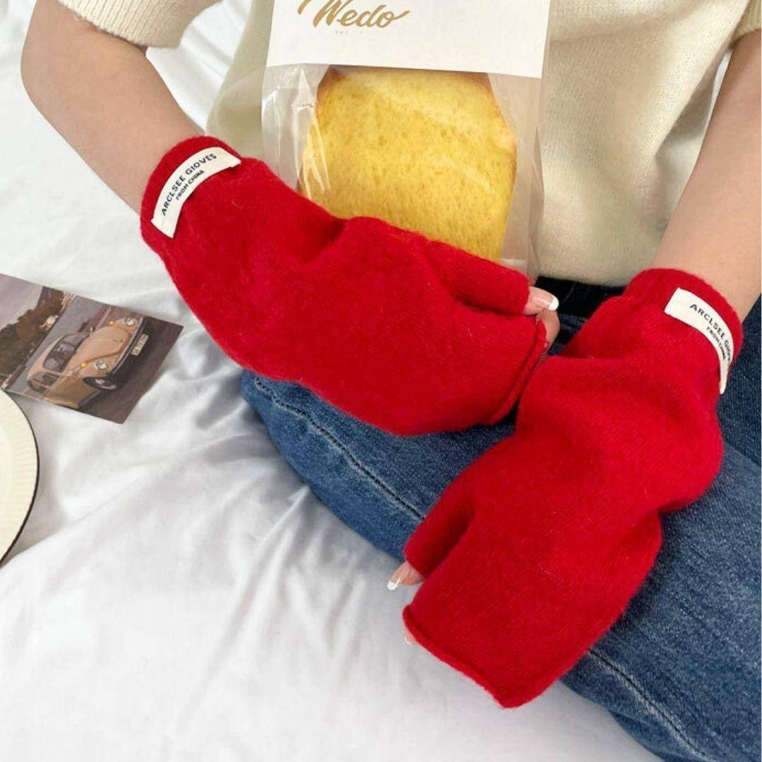 レッド アームウォーマー 指なし ニット 防寒拍卖