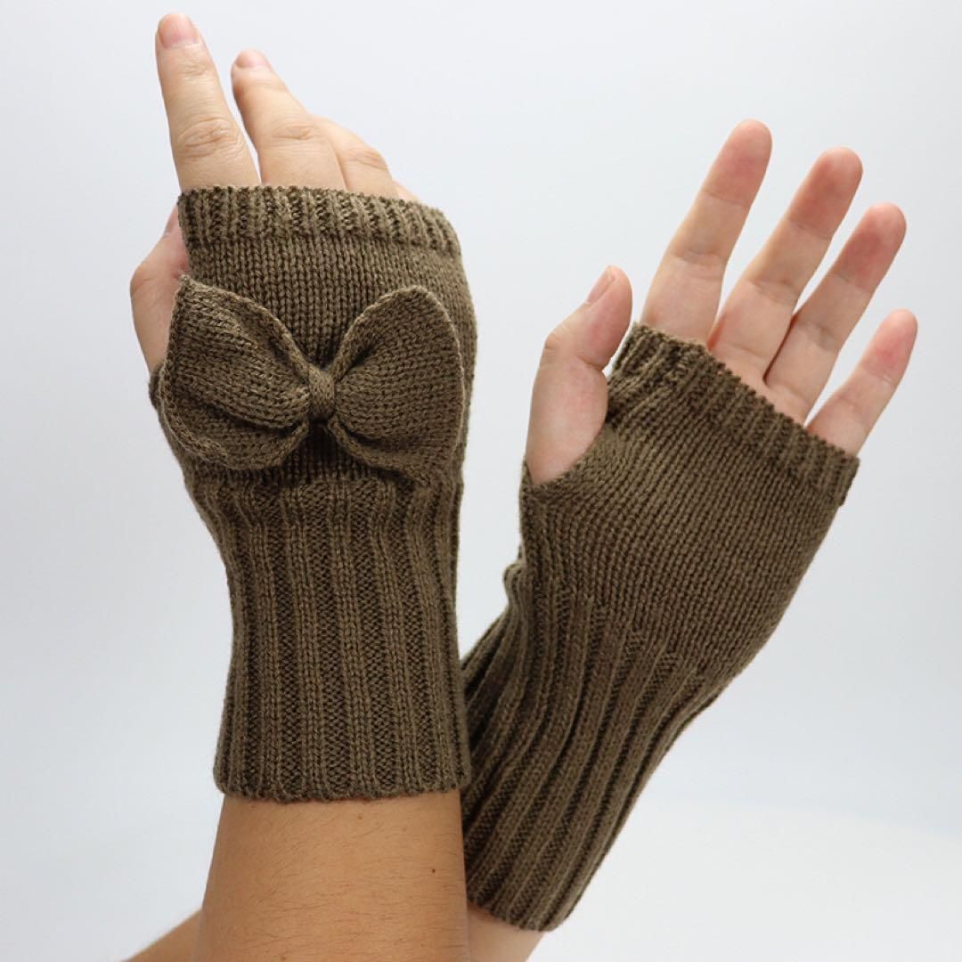 アームウォーマー レディース 指なし手袋 リボン付き ニット カーキ フリーサイズ 秋冬拍卖