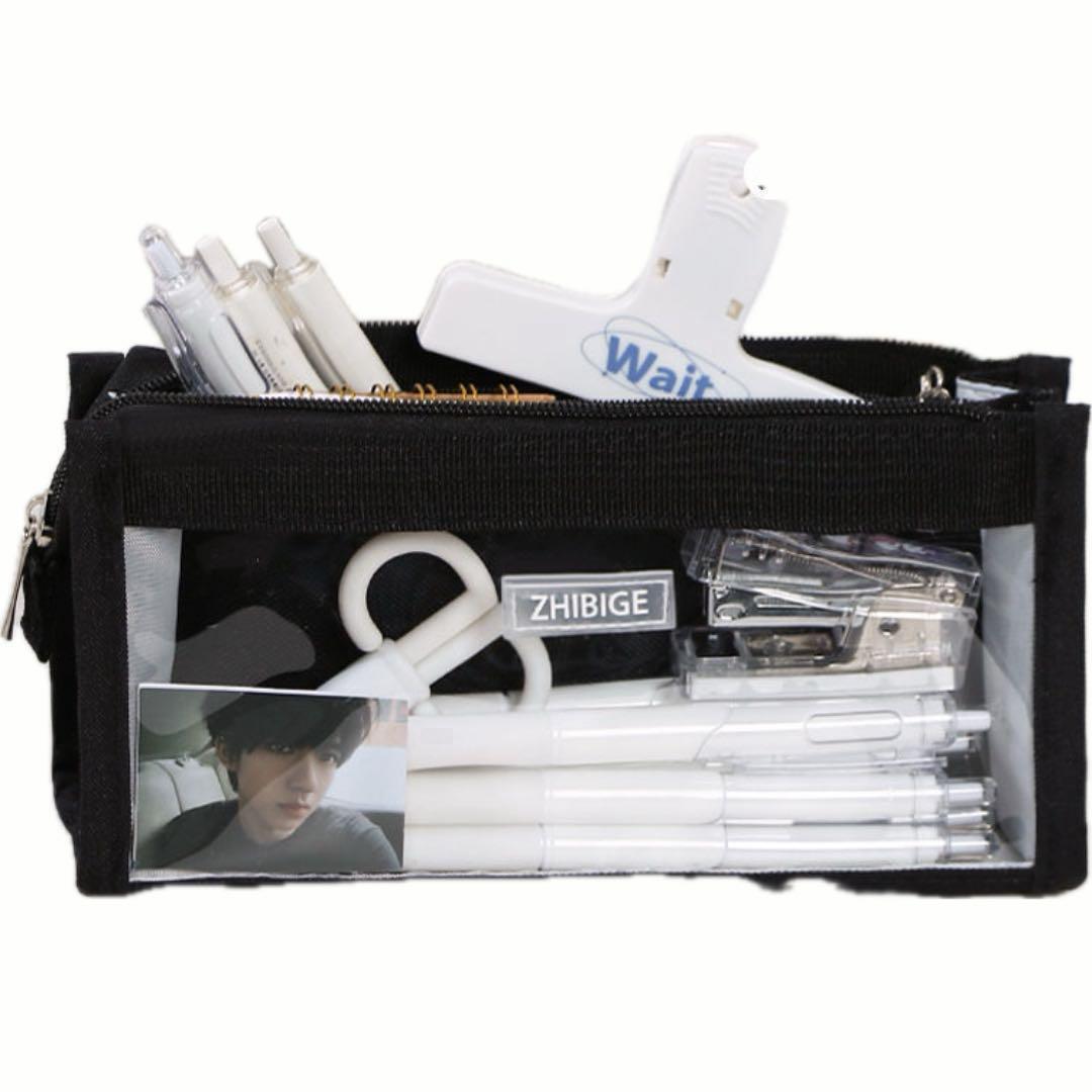 透明ペンケース 両面クリア 大容量 ブラック 推し見せ 防水素材拍卖