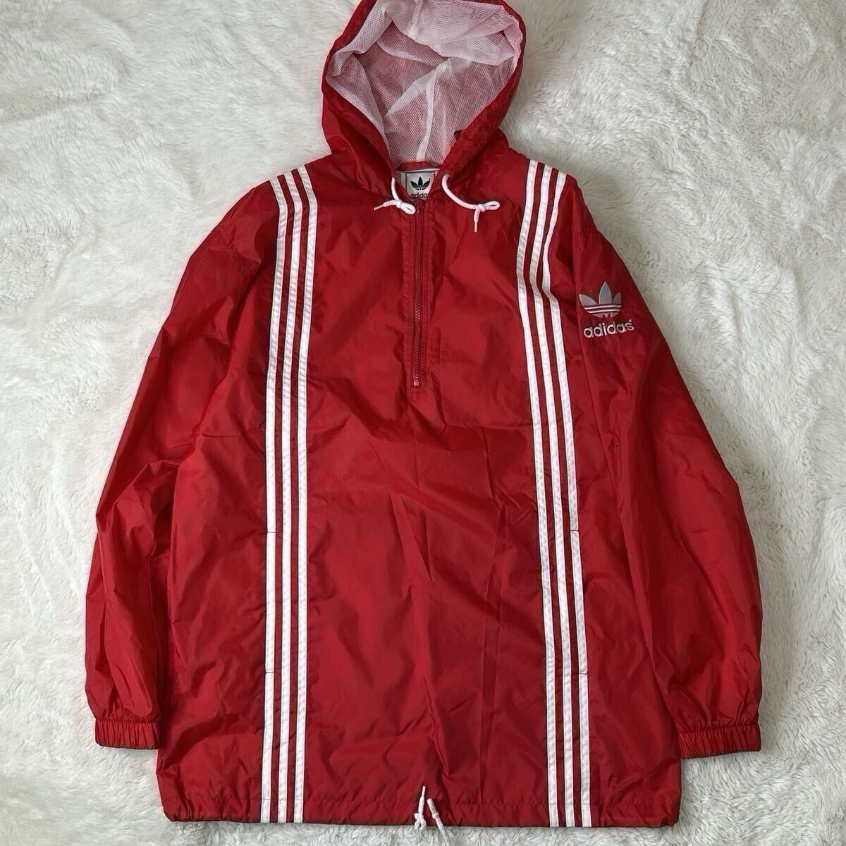 adidas /アディダス アノラックナイロンパーカー 刺繍ロゴ 赤 希少 デサント製 大きめS 3本ライン拍卖