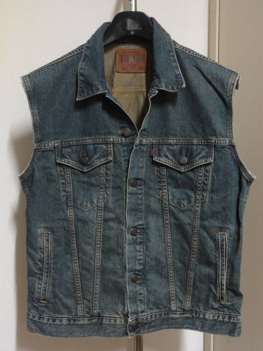 格安希少特大(XL・胸囲116cm位)レア・EDWIN(エドウィン)・ビンテージ加工系デニム地・高級袖無し(ノースリーブ)ジージャン系ブルゾン拍卖