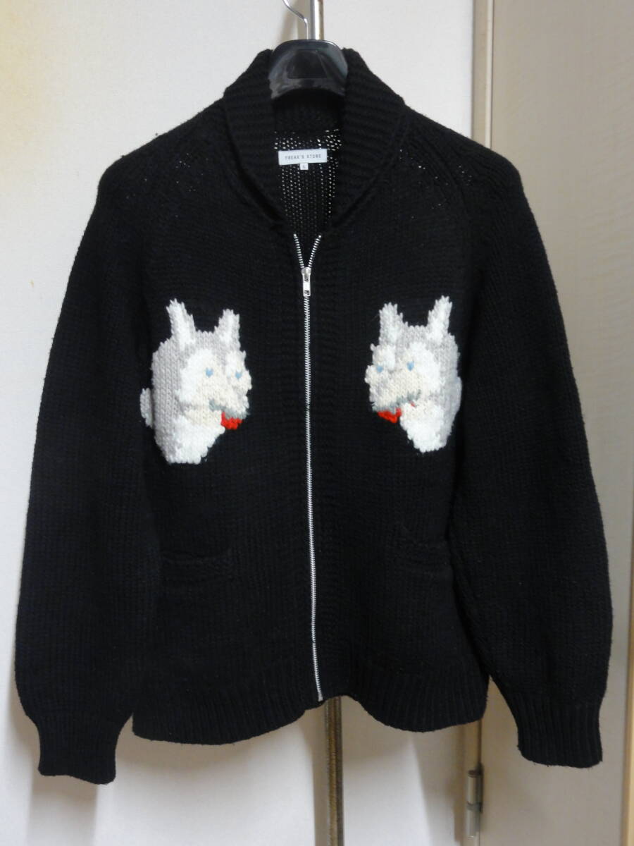 格安(胸囲120cm位)廃版レア・FREAK'S STORE(フリークスストア)・黒系地・ALASKA&アラスカ犬(マラミュート?)刺繍入りカウチン系ブルゾン拍卖