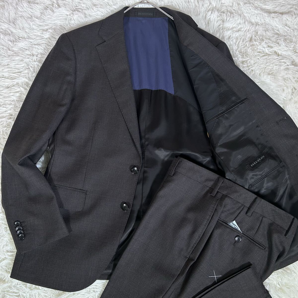 【未使用】HILTON ヒルトン スーツ 94-AB4 ゆったり セットアップ ブラウン系 マイクロハウンドトゥース柄 2B 総裏 本切羽 ビジネス ドレス拍卖