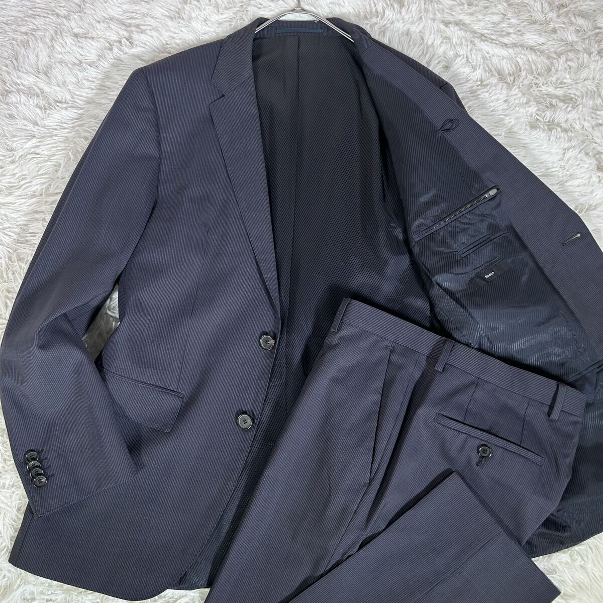 HUGO BOSS ヒューゴボス スーツ セットアップ ネイビー マイクロストライプ 2B 総裏 UK46 メンズ ストレッチ素材 ビジネス ドレス拍卖