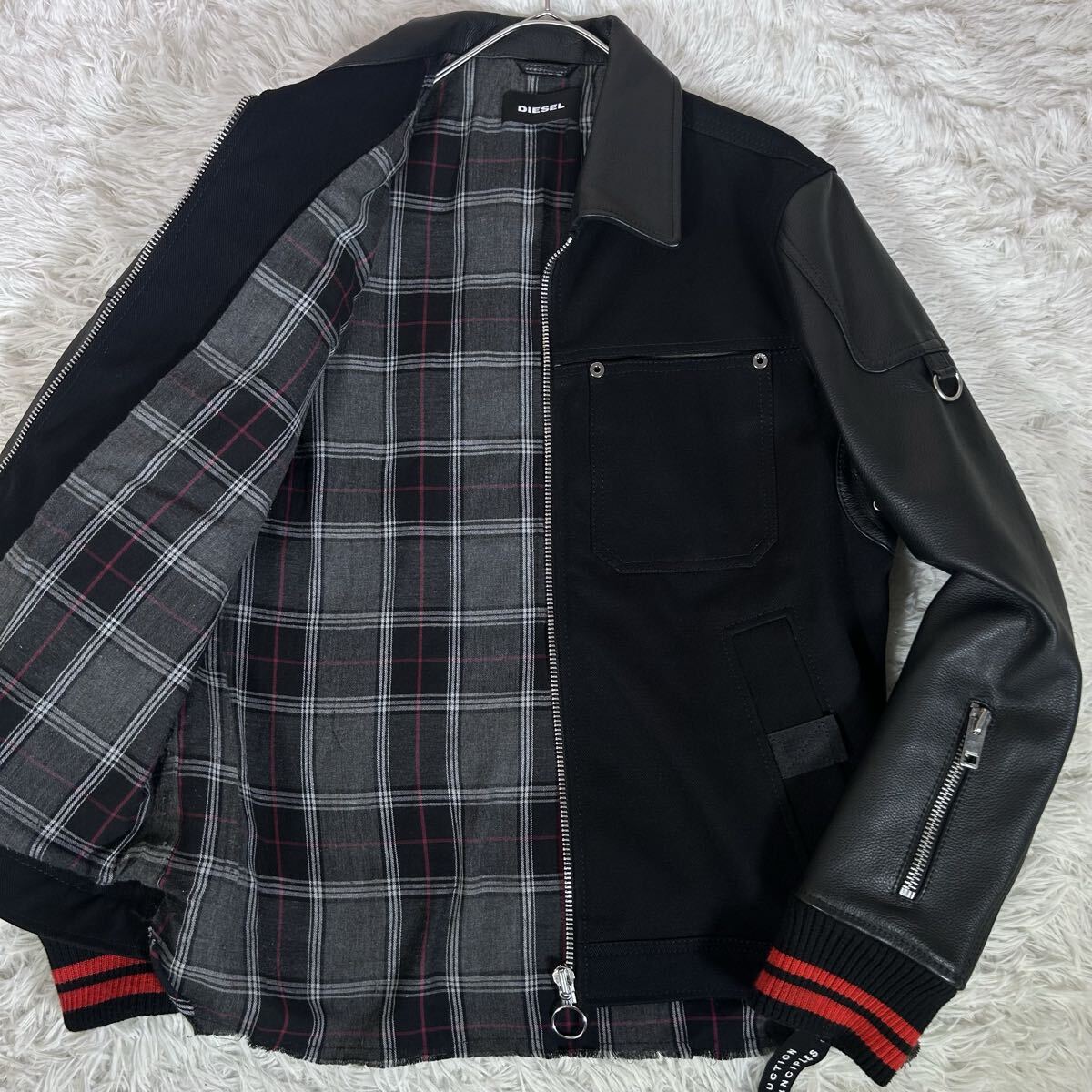 【美品】DIESEL ディーゼル レザースリーブ 切替え ジャケット ブルゾン スタジャン 牛革 ブラック/裏地チェック柄 ジップアップ メンズ拍卖