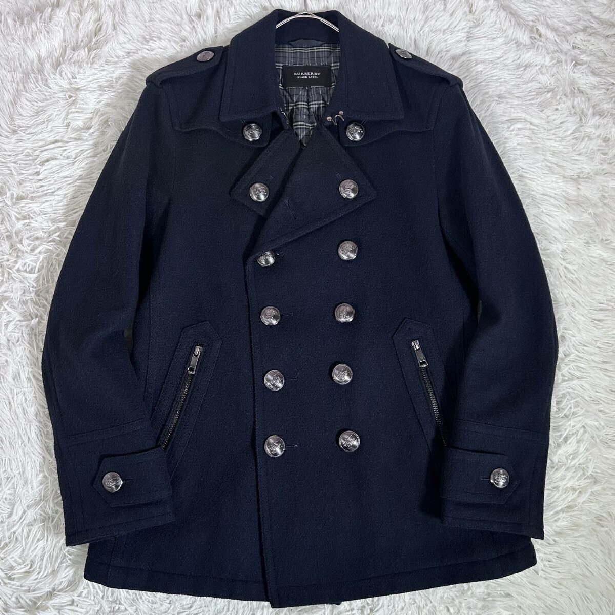 【良品】BURBERRY BLACK LABEL バーバリーブラックレーベル ピーコート 羊毛 ウール 銀ボタン ナポレオン キルティング中綿入り チェック柄拍卖